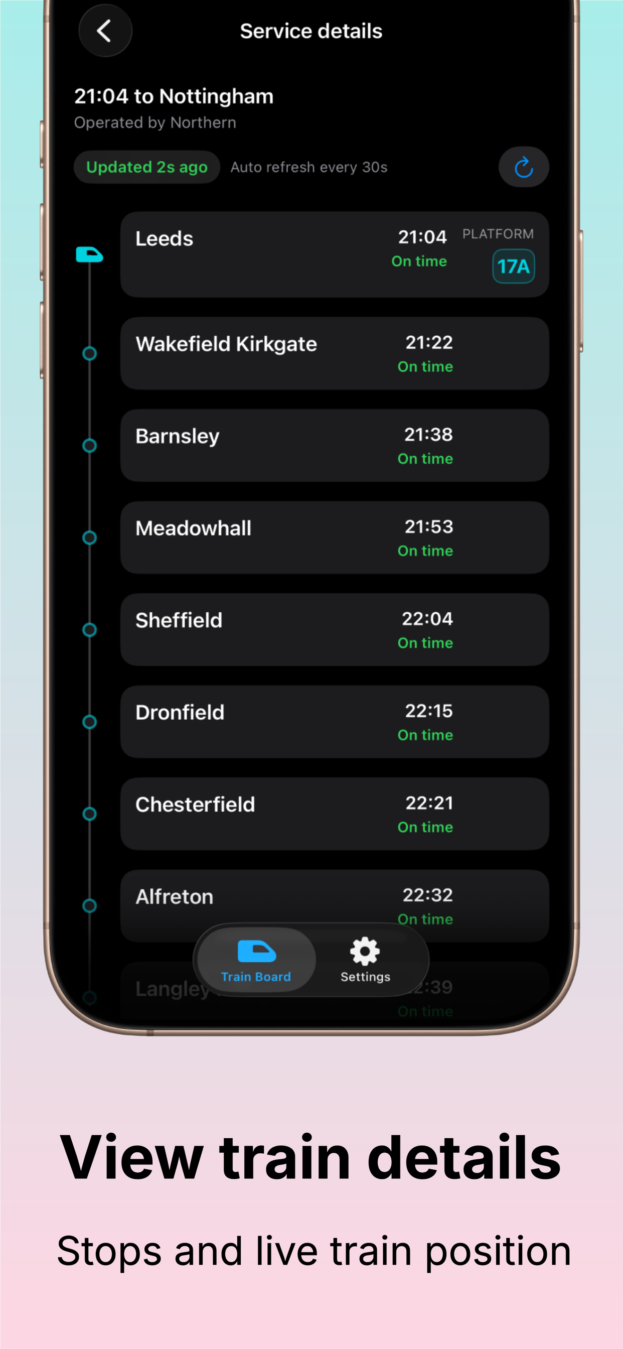 Train service details showing stopping stations